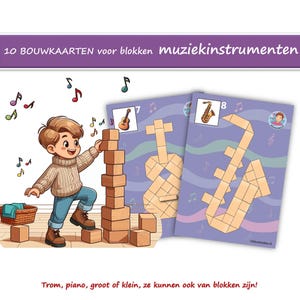 Op de afbeelding: Illustratie van een kind dat met houten blokken speelt, met muzieknoten en kaarten met muziekinstrumenten. De tekst luidt "10 Bouwkaarten voor blokken muziekinstrumenten."
