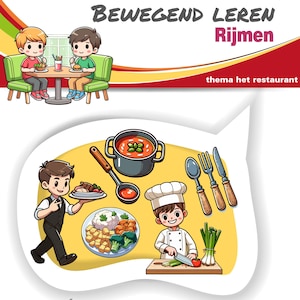 Könnte beinhalten: Bunte Illustration mit dem Text "BEWEGEND LEREN Rijmen" und "thema het restaurant". Das Bild zeigt Kinder in einem Restaurant, einen Kellner, einen Koch und verschiedene Lebensmittel. Zwei Kinder rennen am unteren Bildrand.