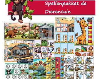 Puede incluir: Juego educativo para niños titulado "Spellenpakket de Dierentuin" (El Zoo). El conjunto incluye varias ilustraciones coloridas de animales de zoológico, relojes y actividades de conteo. El texto dice "Uit Artis is een beer ontsnapt" (Un oso escapa de Artis).