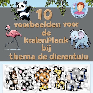 Könnte beinhalten: Bunte Illustration mit Panda, Flamingo und Elefant sowie Beispielen für Tierperlenmuster. Der Text lautet "10 voorbeelden voor de kralenPlank bij thema de dierentuin" und enthält eine Website-Adresse.