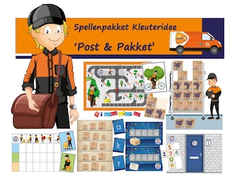 May include: A set of educational games for preschoolers, featuring a postman theme. The games include a board game, a matching game, a sorting game, and a counting game. The games are designed to help children learn about numbers, letters, colors, and shapes. The games are illustrated with colorful images of a postman, a mail truck, and mailboxes.