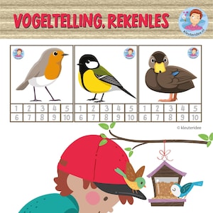 Könnte beinhalten: Ein ausdruckbares Arbeitsblatt für Kinder zum Zählen von Vögeln. Das Arbeitsblatt zeigt einen Rotkehlchen, eine Blaumeise und eine Ente. Es gibt auch Bilder von einem Jungen, der Vögel füttert, und einer Vogeltränke mit Vögeln.