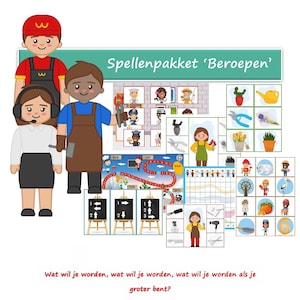 Może przedstawiać: Zestaw pięciu edukacyjnych gier dla przedszkolaków, z kolorowymi ilustracjami różnych zawodów. Gry mają na celu pomóc dzieciom w poznaniu różnych zawodów, liczeniu i innych wczesnych umiejętnościach uczenia się. Tytuł zestawu to "Spellenpakket 'Beroepen'".