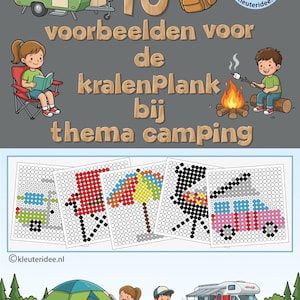 May include: A colorful illustration with a camping theme. It features a green and beige camper, a backpack, and children engaged in camping activities. The image includes the text "10 voorbeelden voor de kralenPlank bij thema camping."