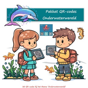 Op de afbeelding: Een kleurrijke illustratie van twee kinderen die tablets met QR-codes vasthouden. De afbeelding is tegen een achtergrond van een onderwater scène met een dolfijn, octopus, zeepaardje en vissen. De tekst "Pakket QR-codes Onderwaterwereld" staat bovenaan de afbeelding. De tekst "30 QR-codes bij het thema 'Onderwaterwereld'" staat onderaan de afbeelding. De tekst "Tien dieren bij het thema 'Onderwaterwereld'. Bij ieder dier zijn drie QR-codes die gescand kunnen worden met een tablet. Eén QR-code om een liedje over het dier te horen, één om een prentenboek over het dier te bekijken en één om een informatief filmpje over het dier te bekijken. Met handleiding." staat onder de tekst "30 QR-codes bij het thema 'Onderwaterwereld'". De tekst "Petra van Ginkel-van Garderen" staat onder de tekst "Tien dieren bij het thema 'Onderwaterwereld'. Bij ieder dier zijn drie QR-codes die gescand kunnen worden met een tablet. Eén QR-code om een liedje over het dier te horen, één om een prentenboek over het dier te bekijken en één om een informatief filmpje over het dier te bekijken. Met handleiding.". De tekst "kleuteridee.nl" staat onderaan de afbeelding.