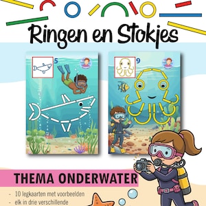 Puede incluir: Set educativo titulado 10 legkaarten voor Ringen en Stokjes con temática submarina. Incluye dos tarjetas que muestran un tiburón y un pulpo construidos con anillos y palitos, junto a ilustraciones de buceadores, peces y una estrella de mar.