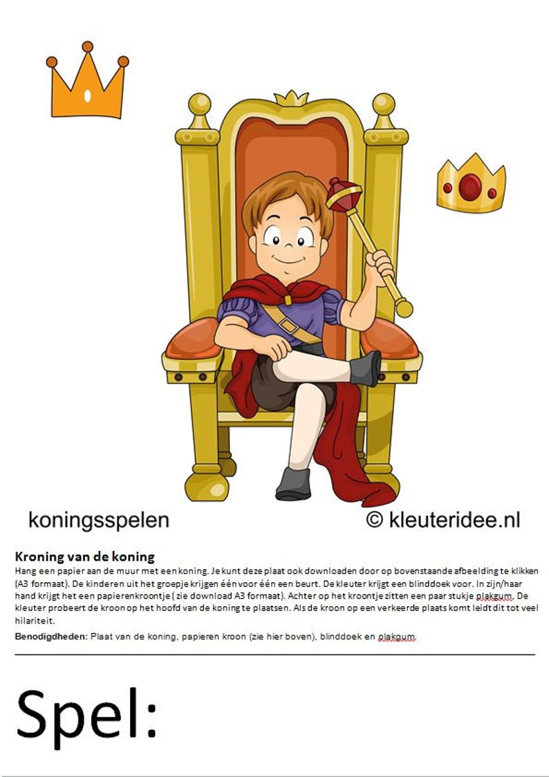 Vijftien spelkaarten A4 formaat voor koningsspelen met kleuters. kleuteridee.nl afbeelding 1