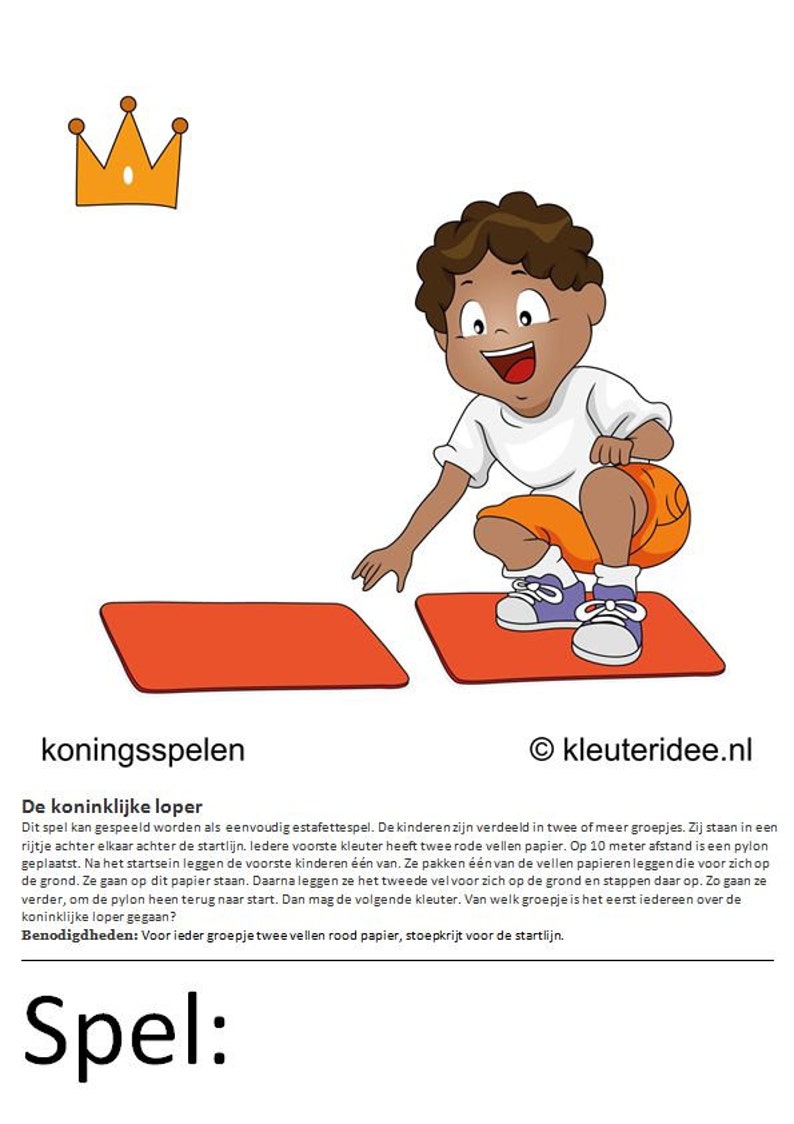 Vijftien spelkaarten A4 formaat voor koningsspelen met kleuters. kleuteridee.nl afbeelding 4