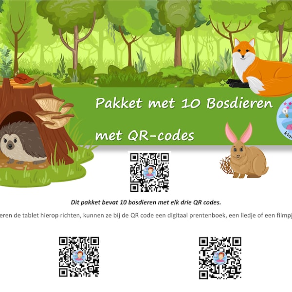 Paquete con 10 animales del bosque, cada uno con tres códigos QR