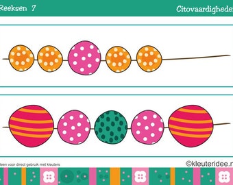 Reeksen kralen voor kleuters. Kralenkaartjes en kaarten met kettingen om reeksen te oefenen. kleuteridee.nl