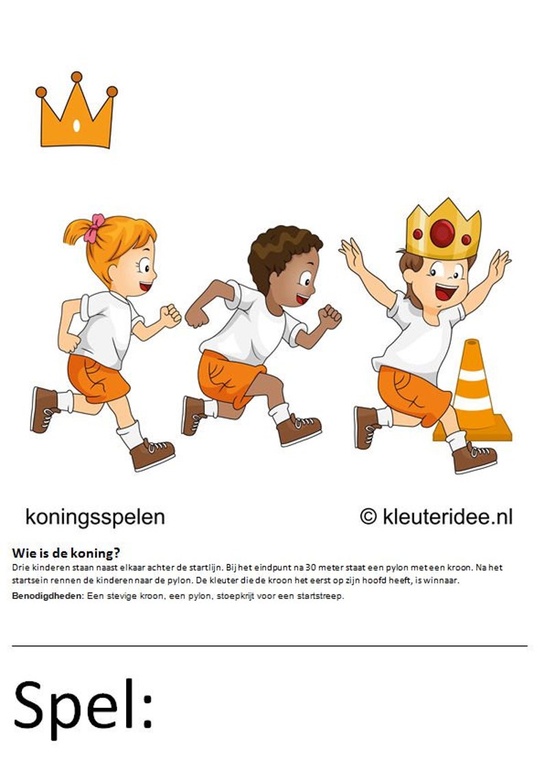 Vijftien spelkaarten A4 formaat voor koningsspelen met kleuters. kleuteridee.nl afbeelding 2