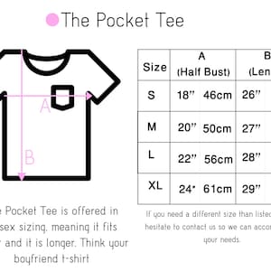 May include: A black and white illustration of a t-shirt with a pocket. The t-shirt is labeled with measurements in inches and centimeters for sizes S, M, L, and XL. The text "The Pocket Tee" is in pink.