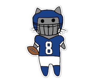 Football Cat Vinyl Sticker, Blue and White, Pro, College, High School, Car Sticker, Bumper Sticker, Laptop Decal, Skateboard Sticker