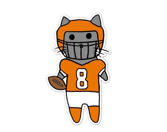 Football Cat Vinyl Sticker, Orange and White, Pro, College, High School, Car Sticker, Bumper Sticker, Laptop Decal, Skateboard Sticker