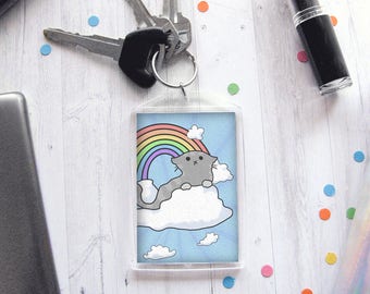 Cute Cat Keychain, Tabby Keychain, Cloud Cats, Kitty on a Cloud, Sky Keychain, Sky Cat, Cute Cat, Kawaii Keychain, Rainbow