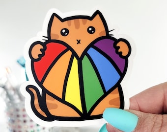 Pride Cat Vinyl Sticker, Rainbow Heart, LGBT Flag, Laptop Decal, Durable Water-Resistant (3 Inch)