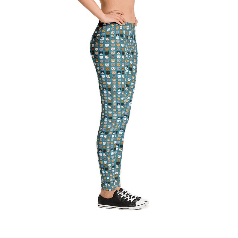 Teal leggings cat lover gift Stretchy Pants tabby cat fun leggings Cute Cats Cat Face Leggings
