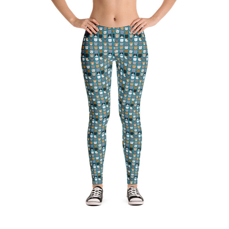 Teal leggings cat lover gift Stretchy Pants tabby cat fun leggings Cute Cats Cat Face Leggings