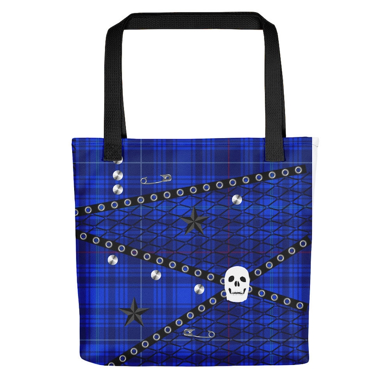 Studs Purse Large Bag Skulls Handle Bag Satchel Blue Punk Plaid Tote bag Reusable Tartan Shopping Bag