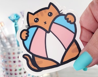 Pegatina de vinilo para exteriores con la bandera del orgullo trans y un gato.