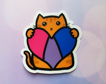 Bisexual Cat Vinyl Sticker, LGBT, LGBTQ+, Bi Heart, Pride Flag, Car Sticker, Bumper Sticker, Laptop Decal, Skateboard Sticker
