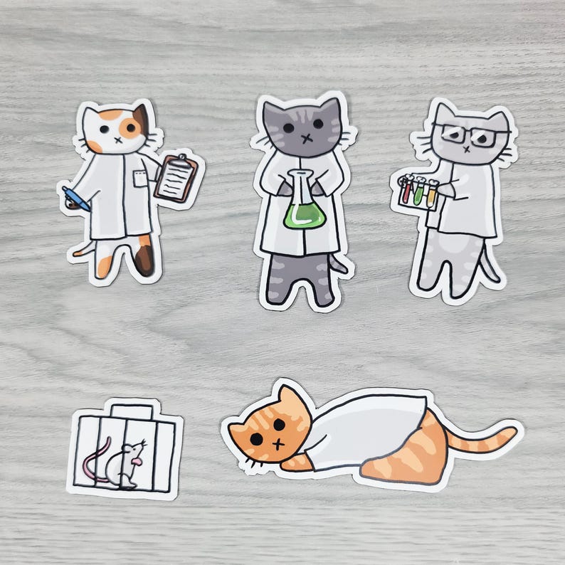May include: A collection of cat stickers in lab coats, depicting various scientific activities. One cat holds a clipboard and pen, another a flask with green liquid, and a third holds test tubes. A cat is lying down, and another sticker shows a cat and a mouse in a cage.