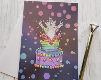 Birthday Cake Cute Cat, Any Occasion Card, Birthday Card, Cute Greeting Card, Kitty Present, Gift, Funny, Humor, Rainbow, Gray Cat