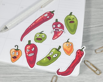 Funny Hot Pepper Stickers, Stationery, Scrapbooking (9pc Set)
