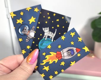 Space Exploration Cats Magnet Set- Whimsical Galaxy Fridge or Locker Decor (3.5 × 1.875 inches)