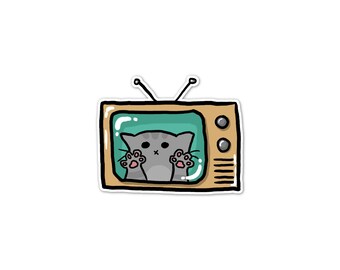 Cat TV Vinyl Sticker, Cute Cat, Kitten Sticker, Car Sticker, Bumper Sticker, Laptop Decal, Skateboard Sticker, Retro Television, Grey Cat