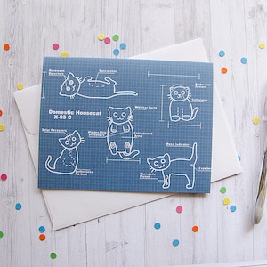 Cat Blueprints Greeting Card Funny Greeting Card Cute Note Anytime Card Silly Cat Lover Boyfriend Girlfriend Any Occasion Blank Card