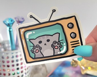 TV Cat Vinyl Sticker - Cute Laptop, Car Decal