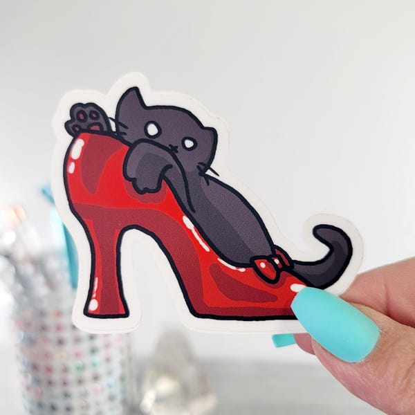 Black Cat Red High Heel Vinyl Sticker - Cute Fashion Cat Sticker, Waterproof Laptop Decal