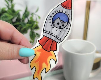 Rocket Cat Bookmark – Cute Space Laminated Bookmarker Gift for Readers and Cat Lovers
