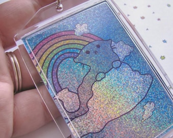 Sparkle Cat Keychain: Holographic Glitter Rainbow Cloud Kitty