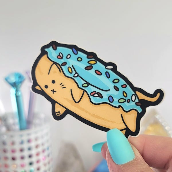 Donut Cat Vinyl Sticker – Waterproof Decal for Laptops, Cars, Tumblers