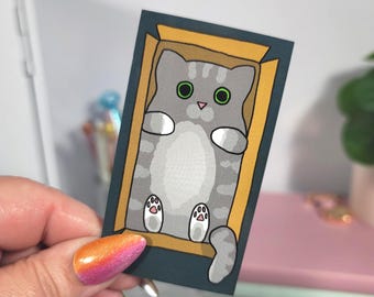 Cat in Box Vinyl Fridge Magnet – Flexible, Full Color, 3.5 x 1.875 Inch