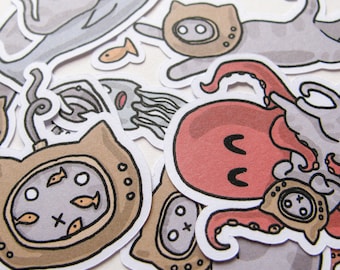 Deep Sea Diver Stickers, Cute Cats, Journaling, Sticker Flakes, Stationery, Scrapbooking, Paper Stickers, Funny Cats, Octopus, Fish, Ocean