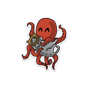 Octopus and Kitty Vinyl Sticker, Cute Cat, Deep Sea, Car Sticker, Bumper Sticker, Laptop Decal, Skateboard Sticker, Ocean, Underwater image 1