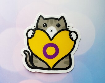 Intersex Cat Vinyl Sticker, LGBT, LGBTQ+, Heart, Pride Flag, Car Sticker, Bumper Sticker, Laptop Decal, Skateboard Sticker