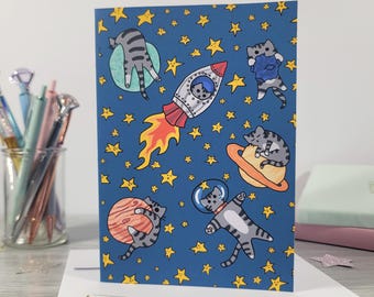 Space Cat Greeting Card – Kawaii Astronaut Galaxy Design (Blank Inside)