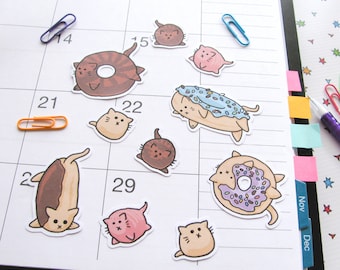 Cute Cat Stickers, Donut Stickers, Journaling, Sticker Flakes, Cute Cats, Funny, Humor, Silly, Stationery, Scrapbooking, Cute Food