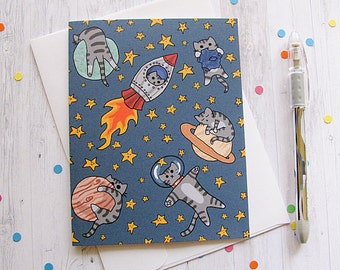 Space Cat Greeting Card Funny Greeting Card Cute Note Anytime Card Silly Cat Lover Astronaut Outer Space Planets Any Occasion Blank Card