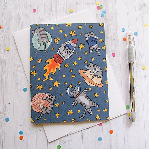 Space Cat Greeting Card Funny Greeting Card Cute Note Anytime Card Silly Cat Lover Astronaut Outer Space Planets Any Occasion Blank Card