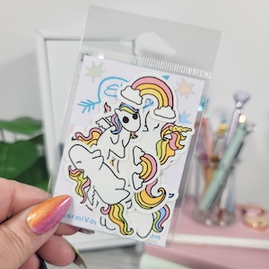May include: A clear plastic package containing a set of unicorn stickers. The stickers feature white unicorns with colorful manes and tails, rainbows, and stars. The stickers are on a white background with blue and yellow accents. The text "ormiva" is visible.