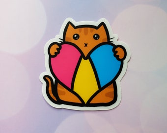 Pansexual Cat Vinyl Sticker, LGBT, LGBTQ+, Pan Heart, Pride Flag, Car Sticker, Bumper Sticker, Laptop Decal, Skateboard Sticker