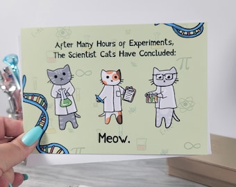 Funny Scientist Cats Greeting Card – Cute Nerdy Cat Card, Blank Inside, STEM Humor Gift