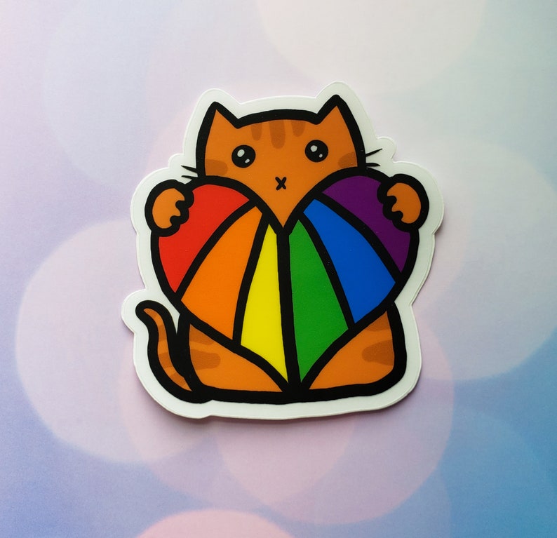 Pride Cat Vinyl Sticker, LGBT, LGBTQ, Rainbow Heart, Rainbow Flag, Car Sticker, Bumper Sticker, Laptop Decal, Skateboard Sticker image 1