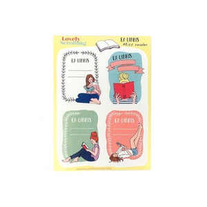 May include: Four colorful bookplate stickers with illustrations of women reading books. Each sticker has the text "Ex-Libris" and space for a name. One sticker has the text "Miss reader".