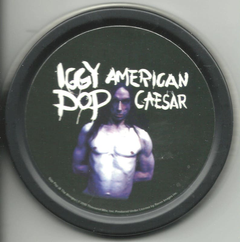 new no longer made IGGY POP american caesar VINTAGE circular tobacco stash tin 3.25 inches 8 cms very rare